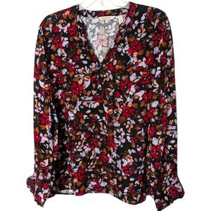 AnyBody Womens Black Red Floral Long Sleeve Ruffle Cuff V-Neck Blouse Size Large